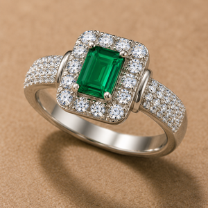 Green Emerald & Lab Grown Diamond <b>Ring</b> | White <b>Gold</b> Emerald Cut Halo <b>Cocktail</b> <b>Ring</b> OEM ODM Fine Jewelry Manufacturer - Product Image 1