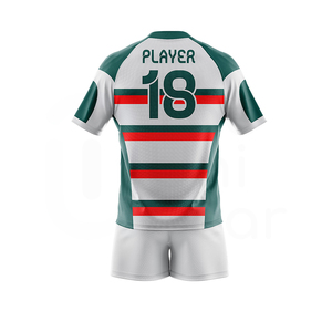 Ensemble short et maillot de rugby rayé blanc, vert et rouge pour homme, sublimé, anti-humidité, col rond, manches courtes, toutes saisons - Product Image 2