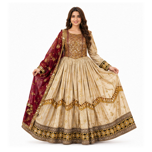 Lehenga Choli de Seda Beige con Dupatta Roja Bordada, Vestido Afgano para Boda, Largo hasta el Suelo, Corte Holgado, Vestidos Kuchi Afganos para Mujer - Product Image 1