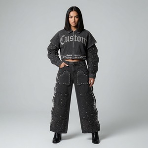 Custom <b>Rhinestone</b> Cross Black Denim <b>Jacket</b> and Pants Set Streetwear Fashion Apparel Collection Design For Unisex Comfort Wear - Product Image 3