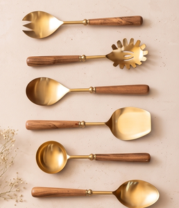 Elegant Gold Plated Serving <b>Spoon</b> <b>Set</b> With <b>Wood</b> Handle Minimalist Design Durable Kitchen Utensils For Dining - Product Image 1