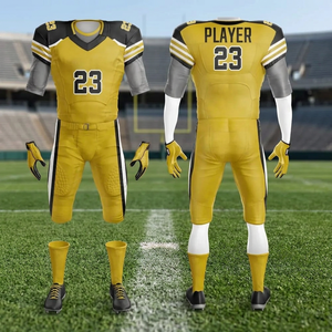 Esta imagen muestra un conjunto de uniforme de fútbol americano personalizado en dorado y negro, completo con una camiseta, pantalones, guantes, calcetines y botas con tacos. - Product Image 6