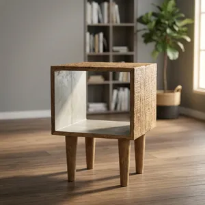 Rustic Wooden Bedside Cube Table with Open <b>Shelf</b> and <b>Tall</b> Tapered Legs for Bedroom - Product Image 2