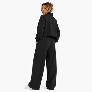 Garment OEM Women’s Black Quarter Zip <b>Cropped</b> Sweatshirt Tracksuit Custom GSM Fleece Wide Leg <b>Joggers</b> Set Activewear Bulk Supply - Product Image 3