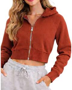 Sudadera Corta con Cremallera para Mujer, Manga Larga, Informal, de Felpa Suave, Color Naranja Óxido, Ropa de Calle, Moda Otoño Invierno - Product Image 1
