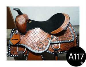 Western Horse Saddle <b>Leather</b> Hand <b>Tooled</b> For Ranch <b>Work</b> Trail Riding Equestrian Use With Comfortable Seat Riding Gear - Product Image 5