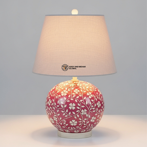 Lampe de table de luxe en os incrusté rose avec abat-jour beige |   Éclairage de chevet floral artisanal - Product Image 1