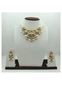 Ethnic Jewelry 925 <b>Silver</b> Pearl Choker <b>Necklace</b> <b>Set</b> with Kundan Work and Matching Earrings Antique Finish Bridal - Product Image 2