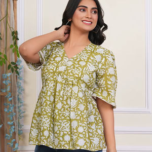 Vestido informal estilo peplum de algodón 100% ecológico, estampado de mano Floral verdoso, manga corta, ropa de fiesta Natural - Product Image 1