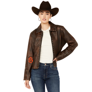 Womens Genuine Sheep <b>Leather</b> Studded Western <b>Jacket</b> Distressed Brown Real Lambskin Biker Vintage Zip Up Wholesale - Product Image 1