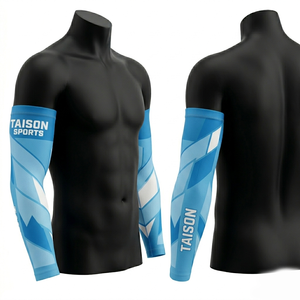 Manguito de compresión ligero para baloncesto de poliéster y spandex Elite de 210 GSM, estilo panel geométrico azul, con logo personalizado por sublimación. - Product Image 1