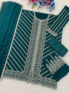 Ensemble Anarkali pour femme en polyester brodé vert sarcelle avec dupatta, tenue traditionnelle indienne et pakistanaise pour mariage, longueur ras du sol, coupe classique - Product Image 2