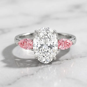 Bague de fiançailles en platine avec diamant ovale de 4,5 carats, or 14K 10K avec accents de diamants roses, certifiée IGI, bague classique pour femme - Product Image 1