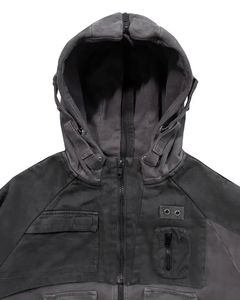 Sudadera con capucha de hip hop con cremallera completa, paneles superpuestos, de tejido mixto de felpa francesa gruesa de 500 GSM, lavada, personalizada OEM - Product Image 3