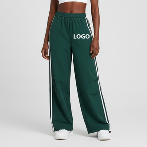 Wholesale <b>Women's</b> Green Wide Leg Sweatpants High Waist Elastic Drawstring Loose Fit Full Length Casual Side <b>Stripe</b> Logo On - Product Image 1