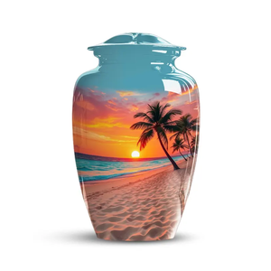 Blue Sunset Palm Tree Metal Cremation Urn Adult Ashes Memorial Urn Decorative Keepsake <b>Vase</b> Custom Design - Product Image 1