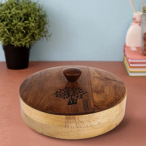 Boîte à chapati en bois ronde avec couvercle, design traditionnel durable, conteneur de rangement fait à la main - Product Image 6