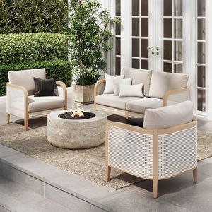 Conjunto de Sofás de Jardín de Teca para Exteriores con Estructura de Ratán y Cojines, Muebles Contemporáneos para Patio - Product Image 1