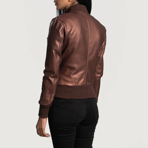 <b>Women's</b> <b>Brown</b> <b>Leather</b> Bomber <b>Jacket</b> Full Sleeve Zipper Closure Stand Collar Winter Style Waterproof Eco-Friendly Reversible - Product Image 4