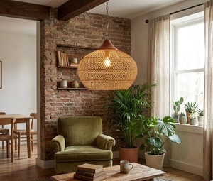 Handwoven Rattan Pendant <b>Light</b> <b>Shade</b> Rustic Boho <b>Wicker</b> Hanging Ceiling Lamp Round Shape Woven for Living Room, Cafe Shop - Product Image 5