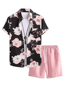 Conjunto de dos piezas floral de verano para hombre, camisa de manga corta con botones y pantalones cortos con cintura elástica, conjunto ligero para la playa, estilo informal. - Product Image 4