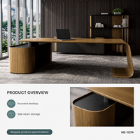 Bureau de direction moderne incurvé avec plateau en bois veiné arrondi, rangement latéral, autoportant, usage commercial pour bureaux de direction