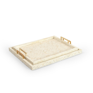 Plateau décoratif vintage en nacre incrustée, motif chevrons, avec poignées métalliques, pour table basse ou ottoman - Product Image 1