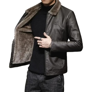 Chaqueta de cuero marrón Vintage para hombre, abrigo cálido a prueba de viento con cuello de piel sintética de invierno, marca de ropa de lujo para hombre - Product Image 4