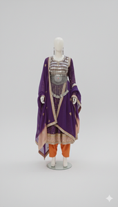 Belle jeune femme d'Asie du Sud portant une robe traditionnelle afghane Kuchi pashtun ornée de motifs violets et dorés, avec de nombreuses pièces de monnaie. - Product Image 3