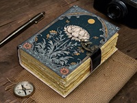 Grand Grimoire en Cuir Bleu Fait Main, Motif Floral et Céleste, Carnet de Formules Vides, Pages Anciennes Vintage, Herbe Heritage