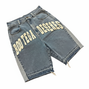 Pantalones cortos vaqueros holgados personalizados con parches bordados, múltiples bolsillos, pantalones cortos cargo para hombre y mujer - Product Image 5
