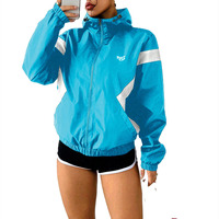 Veste coupe-vent bomber légère et fine pour femme, personnalisée, couleur cyan, avec capuche - Haute qualité, coupe-vent, finition solide, avec capuche amovible