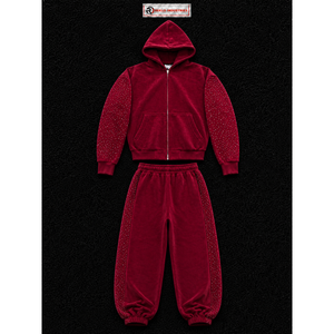 Maroon Velvet Rhinestone Tracksuit Women Zip Up Hoodie Wide Leg Pants Set Luxury Streetwear Casual Fashion Wholesale OEM Wear - Product Image 5