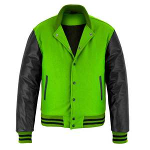 เสื้อแจ็คเก็ตวาร์ซิตี้สีเขียวทำจากขนสัตว์ แขนสีดำ สไตล์เสื้อกันหนาวสำหรับฤดูหนาว ผลิตจากหนัง/ขนสัตว์ ขายออนไลน์ในราคาถูก - Product Image 3