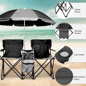 Sedia da Campeggio Pieghevole Leggera e Portatile a 2 Posti con Ombrellone Rimovibile Nero - Product Image 3