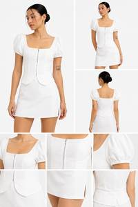 Ensemble deux pièces de qualité supérieure pour les vacances - Blouse blanche unie moulante à manches bouffantes et mini-jupe décontractée moderne - Vente en gros - Product Image 2
