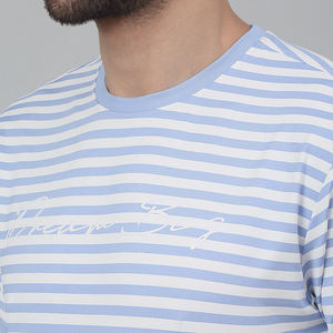 Men's <b>Blue</b> <b>White</b> <b>Striped</b> Short Sleeve O-Neck T-Shirt Regular Fit Casual Jersey Print Letter Pattern Front Logo OEM 220g - Product Image 2