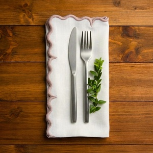 Simple Cotton <b>Table</b> Napkin With Scalloped Edge For Home Decoration Machine Washable Handmade Plain Rectangle Shape - Product Image 3