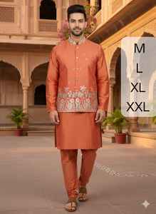 Kurta Pijama para Hombre al por Mayor, Estilo Tono sobre Tono, con Bordado Intenso de Coti (Chaqueta Nehru) - Product Image 4