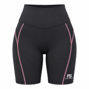 Shorts cycliste taille haute pour femme, noir et rose poudré, avec passepoil contrastant, logo personnalisé, compression, pour gym, yoga et activewear, marque privée, vente en gros - Product Image 1