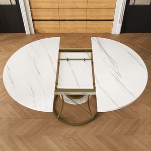 Mesa de Comedor Redonda Extensible de 43 Pulgadas con Base de Metal Dorado y Chapa de Mármol, Mesa de Cocina Estilo Rústico con Estante de Almacenamiento para 4-6 Personas - Product Image 1