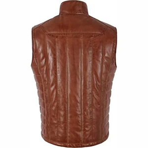 Gilet matelassé en cuir véritable pour homme, col montant, fermeture éclair, coupe-vent, décontracté, hiver, marron, protection UV - Product Image 5
