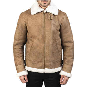 <b>Men</b> Brown Genuine Leather <b>Sherpa</b> Lined Bomber <b>Jacket</b> Zip Up Winter Outerwear Casual - Product Image 1
