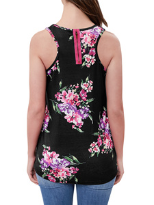 Camiseta sin mangas con estampado floral para mujer, cuello redondo, informal, para verano, color negro con flores rosas y moradas - Product Image 6