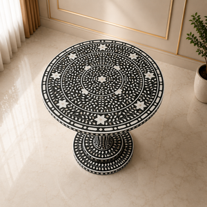 Table à manger ronde en bois avec incrustations en os, design moderne et motif noir et blanc pour cuisine ou salon - Product Image 4