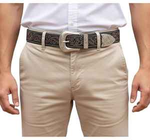 Ceinture en cuir de style western Rub International Premium pour hommes - Design floral en relief, boucle en argent gravée, style vintage - Product Image 5