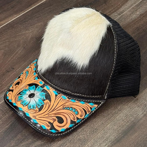 Sombrero de camionero de piel de vaca real con ala de cuero mecanizado Gorra de malla occidental hecha a mano Snapback ajustable con sombreros de diseño floral personalizados - Product Image 4