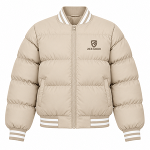 Chaqueta Bomber Acolchada Reversible Impermeable de Invierno para Mujer, Color Beige, Cuello Alto, Cierre de Cremallera, Corte Holgado, Personalizable - Product Image 1