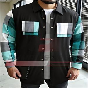 Men's Long Sleeve <b>Patchwork</b> <b>Shirt</b> Color Blocked Casual Regular Fit Woven Fabric Black Gray White Design - Product Image 6