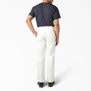 Men's White Straight Fit Oxford Cotton <b>Trousers</b> Anti-Wrinkle Casual Mid Waist Button Fly Flat Front <b>Summer</b> Style - Product Image 2